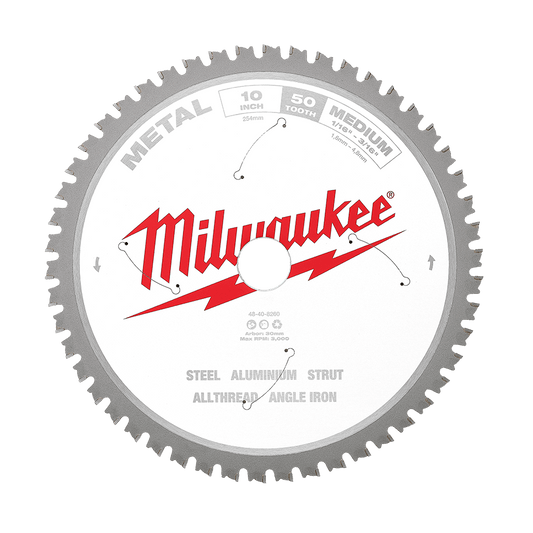 Milwaukee 254mm (10") 50T Metal Circular Saw Blade - 48408260 - Available at Power Tool Specialists, Carlton, Victoria, Australia.
