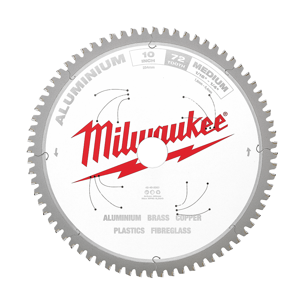 Milwaukee 254mm (10") 72T Aluminium Circular Saw Blade - 48408360 - Available at Power Tool Specialists, Carlton, Victoria, Australia.