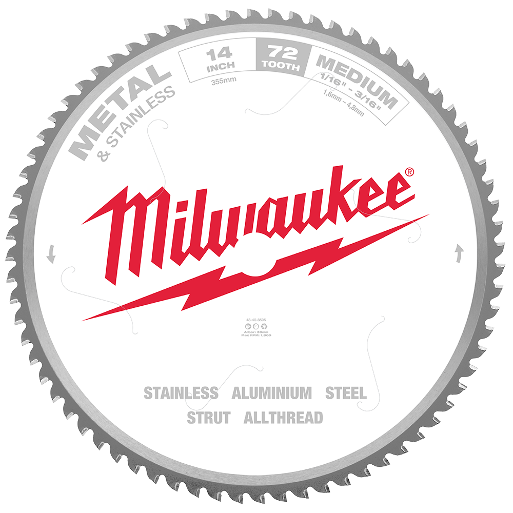 Milwaukee 355mm (14") 72T Metal & Stainless Circular Saw Blade - 48408505 - Available at Power Tool Specialists, Carlton, Victoria, Australia.