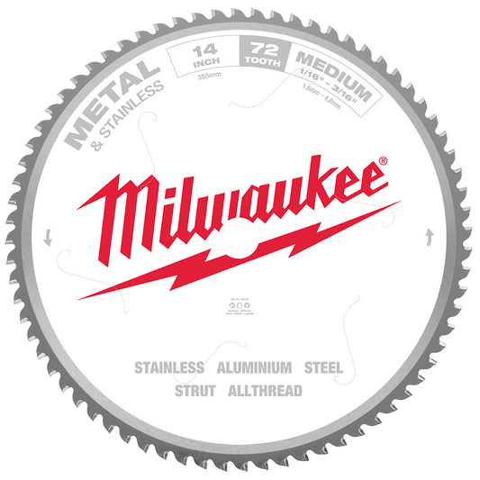 Milwaukee 355mm (14") 72T Metal & Stainless Circular Saw Blade - 48408505 - Available at Power Tool Specialists, Carlton, Victoria, Australia.