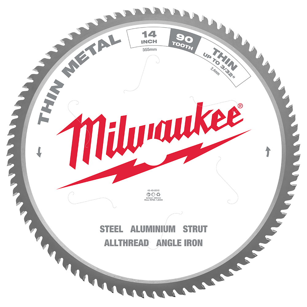 Milwaukee 355mm (14") 90T Thin Metal Circular Saw Blade - 48408510 - Available at Power Tool Specialists, Carlton, Victoria, Australia.