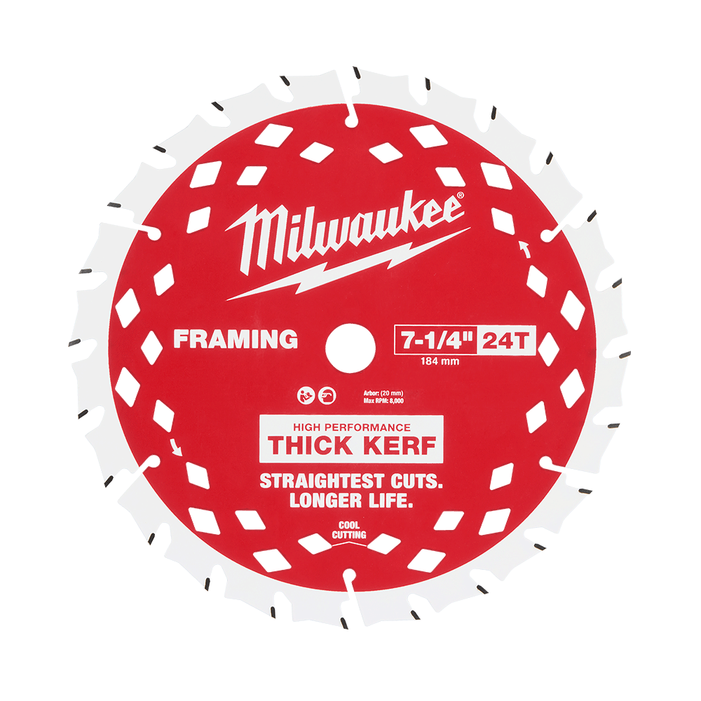 Milwaukee 184mm (7-1/4") 24T Wood Circular Saw Blade Framing Thick Kerf for Highest Power Cordless Saws - 48408740 - Available at Power Tool Specialists, Carlton, Victoria, Australia.