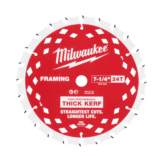 Milwaukee 184mm (7-1/4") 24T Wood Circular Saw Blade Framing Thick Kerf for Highest Power Cordless Saws - 48408740 - Available at Power Tool Specialists, Carlton, Victoria, Australia.