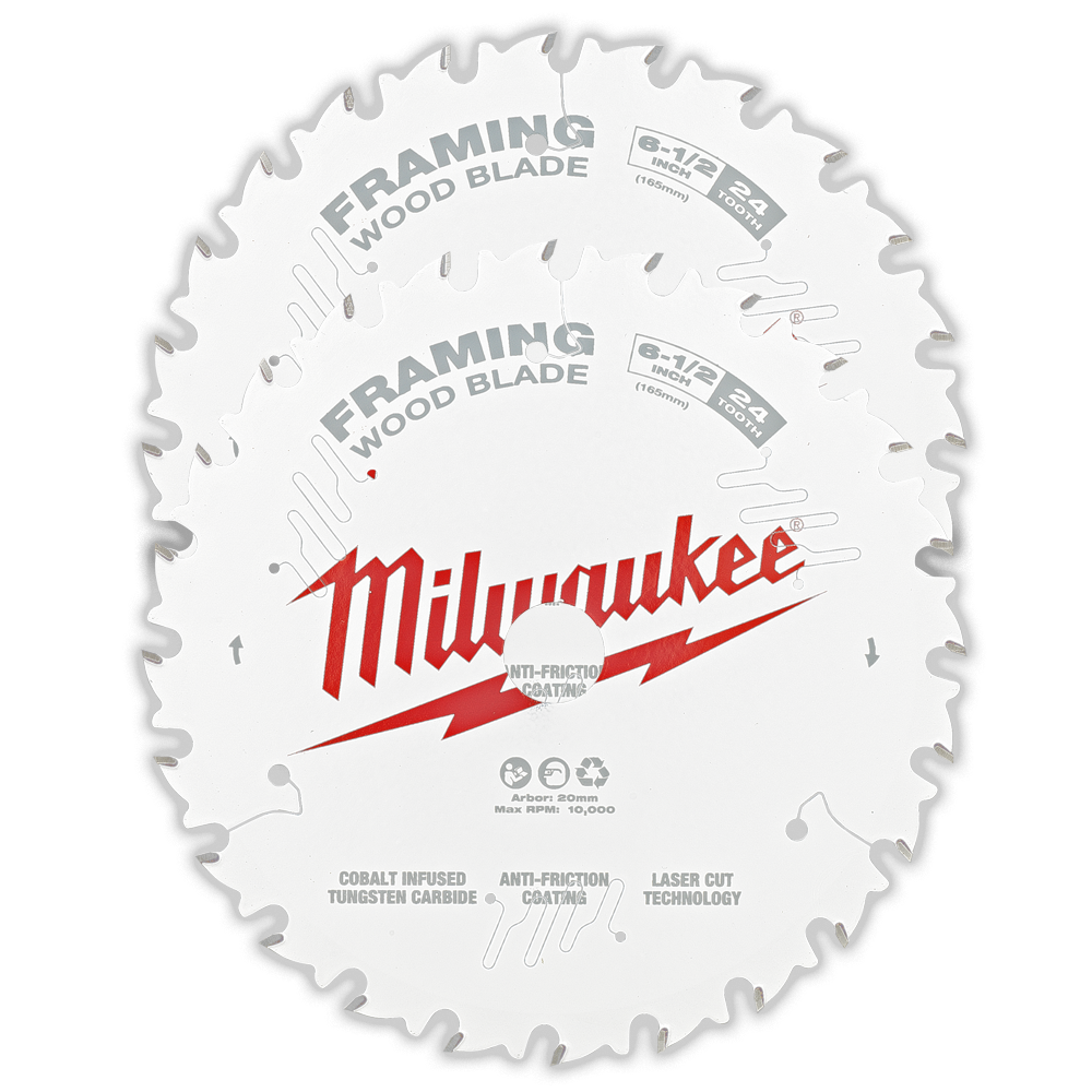 Milwaukee 6-1/2" 165mm 24T Wood Circular Saw Blade Framing 2 Pack - 48418621 - Available at Power Tool Specialists, Carlton, Victoria, Australia.