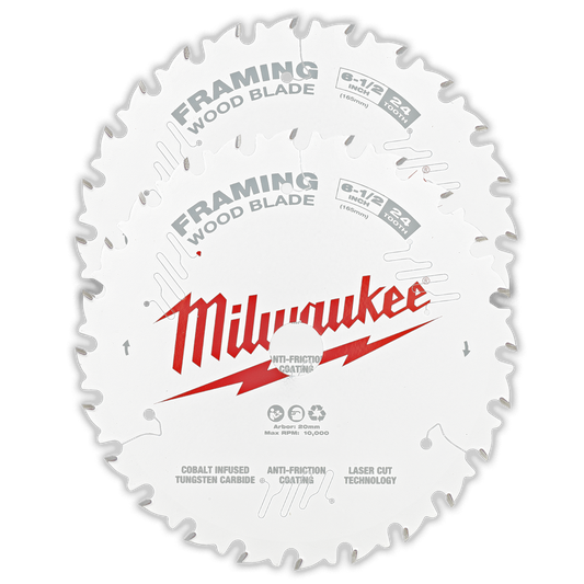 Milwaukee 6-1/2" 165mm 24T Wood Circular Saw Blade Framing 2 Pack - 48418621 - Available at Power Tool Specialists, Carlton, Victoria, Australia.