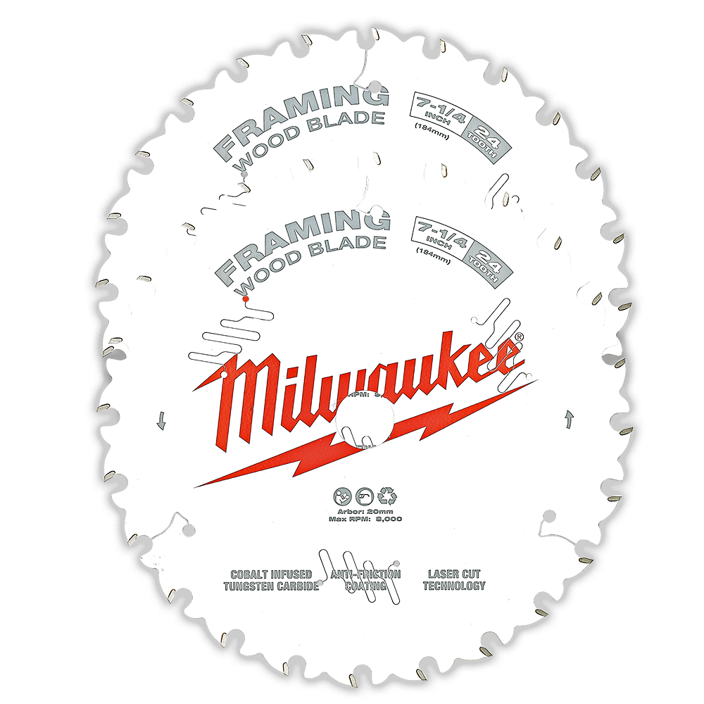 Milwaukee 7-1/4" 184mm 24T Wood Circular Saw Blade Framing 2 Pack - 48418721 - Available at Power Tool Specialists, Carlton, Victoria, Australia.