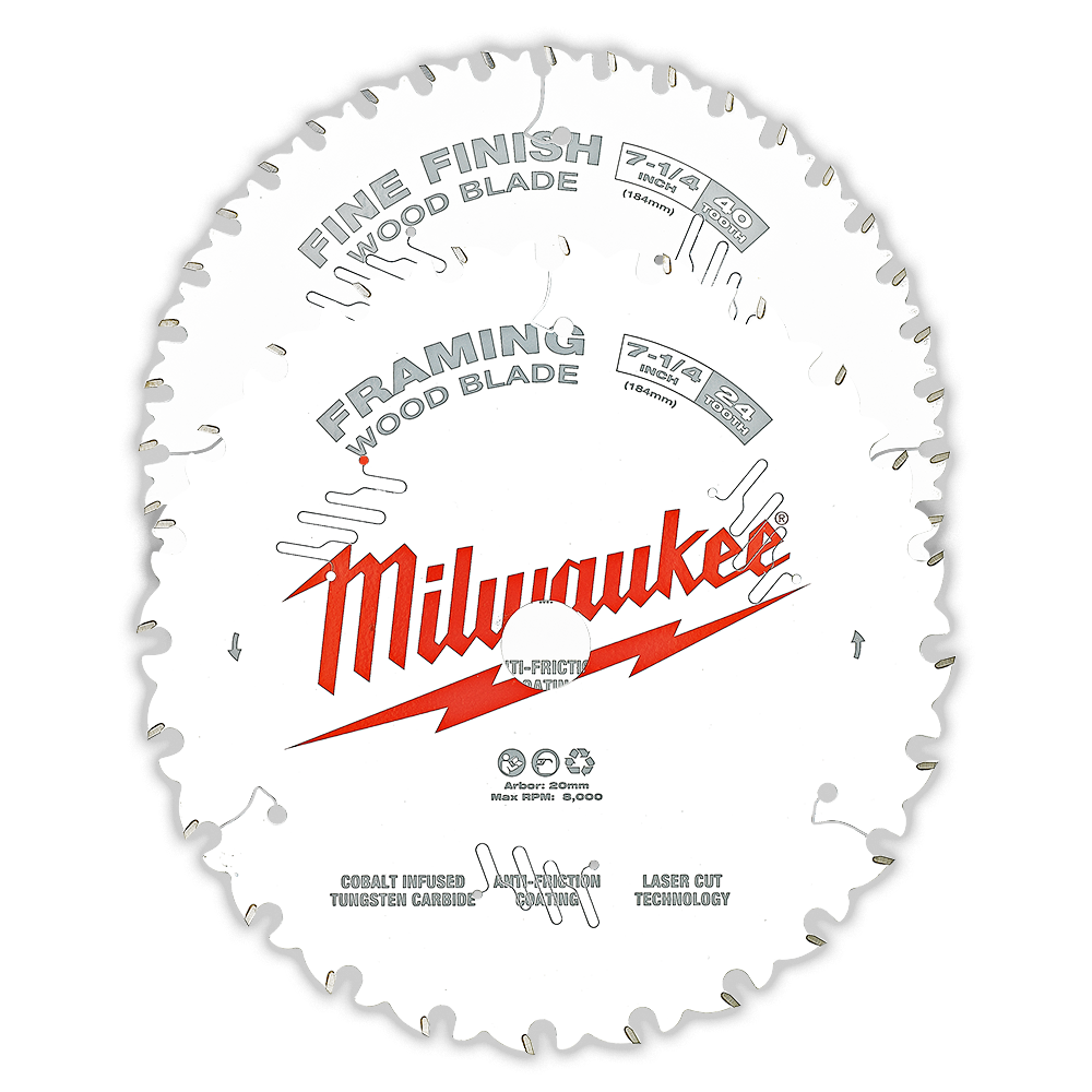 Milwaukee 7-1/4" 184mm Wood Circular Saw Blade Set - 24T Framing & 40T Fine Finish - 48418732 - Available at Power Tool Specialists, Carlton, Victoria, Australia.