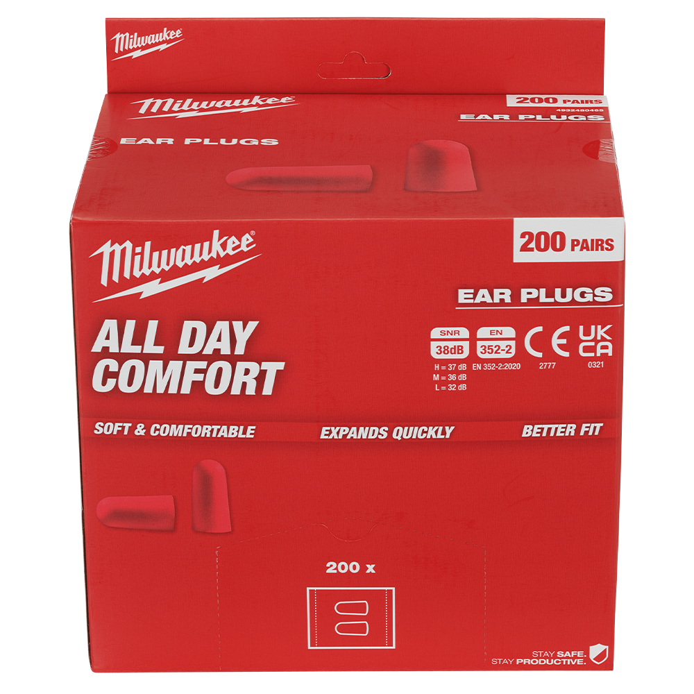 Milwaukee Tapered Uncorded Ear Plugs (Class 5) 200 Pack - Dispenser Box - 48733007 - Available at Power Tool Specialists, Carlton, Victoria, Australia.