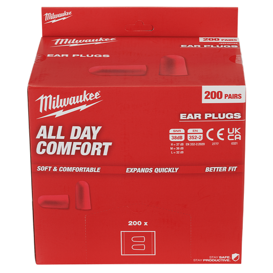 Milwaukee Tapered Uncorded Ear Plugs (Class 5) 200 Pack - Dispenser Box - 48733007 - Available at Power Tool Specialists, Carlton, Victoria, Australia.
