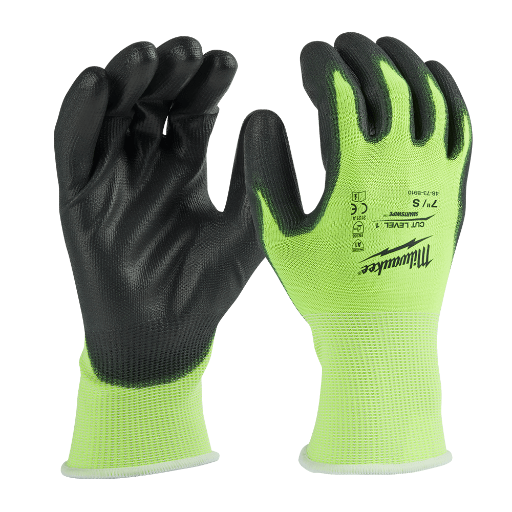 Milwaukee Cut 1(A) High Visibility Polyurethane (PU) Dipped Gloves 1 Pack - M - 48738911 - Available at Power Tool Specialists, Carlton, Victoria, Australia.