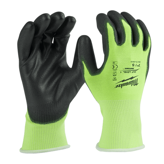 Milwaukee Cut 1(A) High Visibility Polyurethane (PU) Dipped Gloves 1 Pack - M - 48738911 - Available at Power Tool Specialists, Carlton, Victoria, Australia.