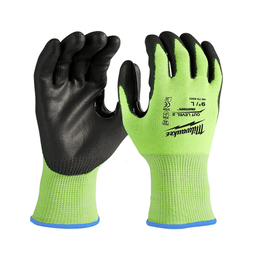 Milwaukee Cut 2(B) High Visibility Polyurethane (PU) Dipped Gloves 1 Pack - XXL - 48738924 - Available at Power Tool Specialists, Carlton, Victoria, Australia.