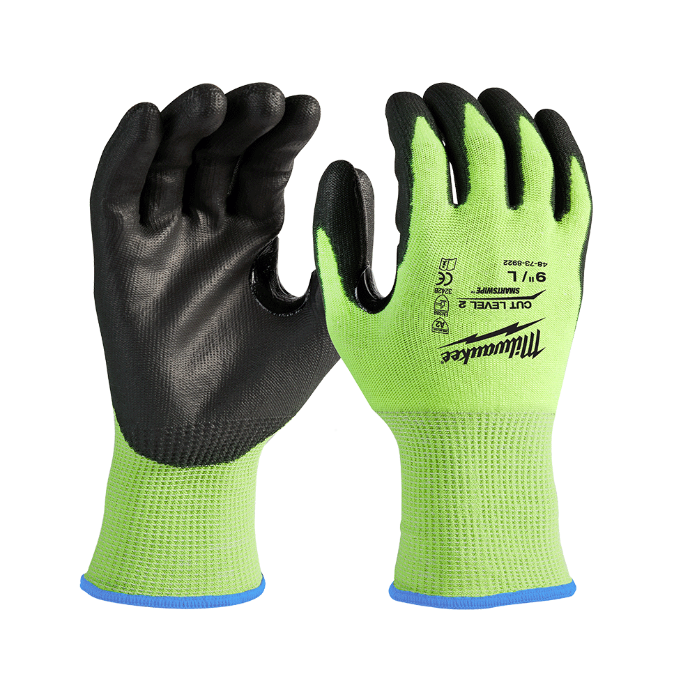 Milwaukee Cut 2(B) High Visibility Polyurethane (PU) Dipped Gloves 1 Pack - XL - 48738923 - Available at Power Tool Specialists, Carlton, Victoria, Australia.