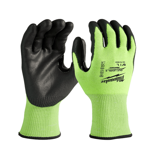 Milwaukee Cut 3(C) High Visibility Polyurethane (PU) Dipped Gloves 1 Pack - M - 48738931 - Available at Power Tool Specialists, Carlton, Victoria, Australia.