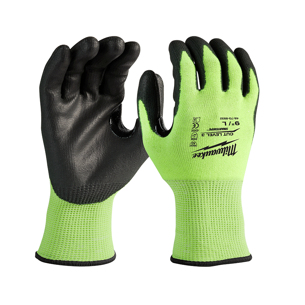 Milwaukee Cut 3(C) High Visibility Polyurethane (PU) Dipped Gloves 1 Pack - XXL - 48738934 - Available at Power Tool Specialists, Carlton, Victoria, Australia.