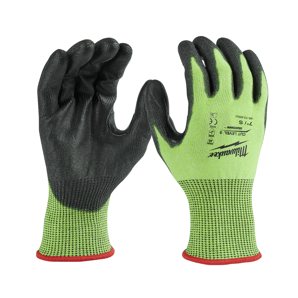 Milwaukee Cut 5(E) High Visibility Polyurethane (PU) Dipped Gloves 1 Pack - S - 48738950 - Available at Power Tool Specialists, Carlton, Victoria, Australia.