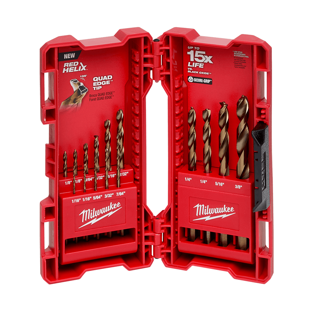 Milwaukee Red Helix ™ Cobalt Imperial Drill Bit 15Pc Kit
2 x 1/16", 1 x it 5/64", 1 x 3/32", 1 x7/64", 2 x 1/8", 1 x 9/64", 1 x 5/32", 1 x 3/16", 1 x 7/32", 2 x 1/4", 1 x 5/16" , 1 x 3/8"  - 48892340 - Available at Power Tool Specialists, Carlton, Victoria, Australia.