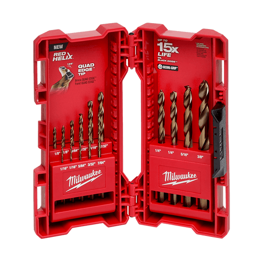 Milwaukee Red Helix ™ Cobalt Imperial Drill Bit 15Pc Kit
2 x 1/16", 1 x it 5/64", 1 x 3/32", 1 x7/64", 2 x 1/8", 1 x 9/64", 1 x 5/32", 1 x 3/16", 1 x 7/32", 2 x 1/4", 1 x 5/16" , 1 x 3/8"  - 48892340 - Available at Power Tool Specialists, Carlton, Victoria, Australia.