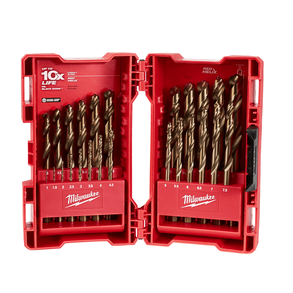 Milwaukee RED HELIX™ Cobalt Drill Bit 25Pc Kit
1mm, 1.5mm, 2mm, 2.5mm, 3mm, 3.5mm, 4mm, 4.5mm, 5mm, 5.5m,m 6mm, 6.5mm, 7mm, 7.5mm, 8mm, 8.5mm, 9mm, 9.5mm, 10mm, 10.5mm,11mm, 11.5mm, 12mm, 12.5mm, 13mm - 48892531 - Available at Power Tool Specialists, Carlton, Victoria, Australia.