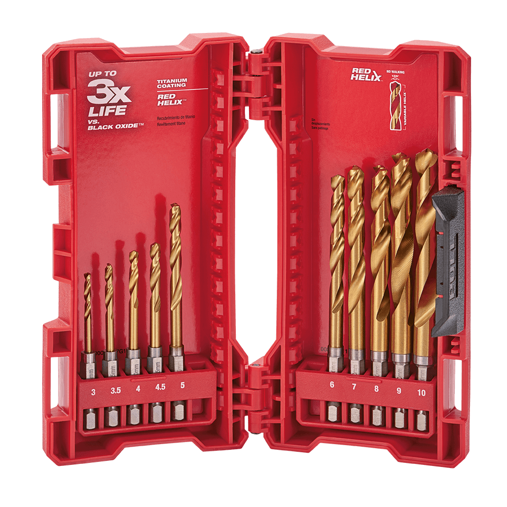 Milwaukee SHOCKWAVE™ Red Helix Titanium Drill Set 10 Pce Kit
3mm, 3.5mm, 4mm, 4.5mm, 5mm, 6mm, 7mm, 8mm, 9mm, 10mm - 48894859 - Available at Power Tool Specialists, Carlton, Victoria, Australia.