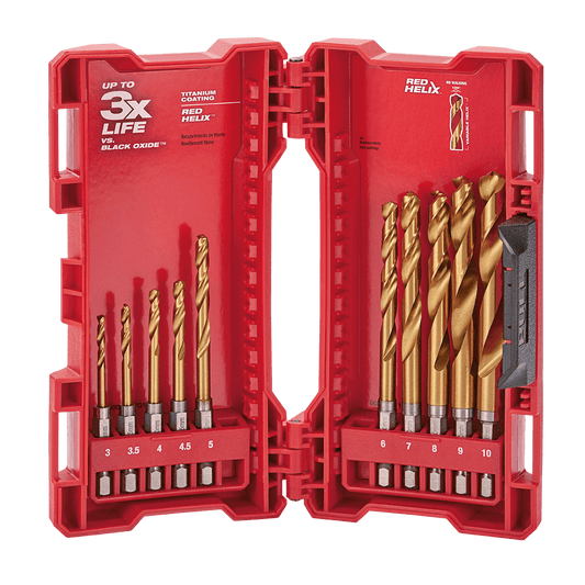 Milwaukee SHOCKWAVE™ Red Helix Titanium Drill Set 10 Pce Kit
3mm, 3.5mm, 4mm, 4.5mm, 5mm, 6mm, 7mm, 8mm, 9mm, 10mm - 48894859 - Available at Power Tool Specialists, Carlton, Victoria, Australia.