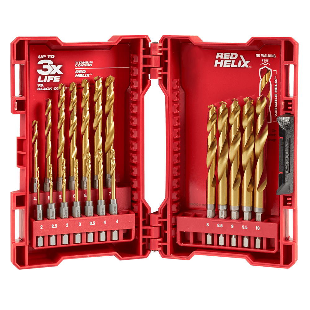 Milwaukee SHOCKWAVE™ Red Helix Titanium Drill Set 19 Pce Kit
2mm, 2.5mm, 3mm(2), 3.5mm, 4mm(2), 4.5mm, 5mm, 5.5mm, 6mm, 6.5mm, 7mm, 7.5mm, 8mm, 8.5mm, 9mm, 9.5mm, 10mm - 48894860 - Available at Power Tool Specialists, Carlton, Victoria, Australia.
