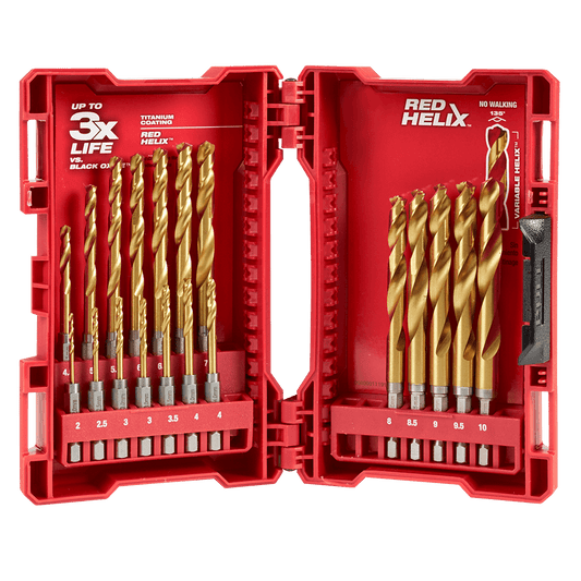 Milwaukee SHOCKWAVE™ Red Helix Titanium Drill Set 19 Pce Kit
2mm, 2.5mm, 3mm(2), 3.5mm, 4mm(2), 4.5mm, 5mm, 5.5mm, 6mm, 6.5mm, 7mm, 7.5mm, 8mm, 8.5mm, 9mm, 9.5mm, 10mm - 48894860 - Available at Power Tool Specialists, Carlton, Victoria, Australia.