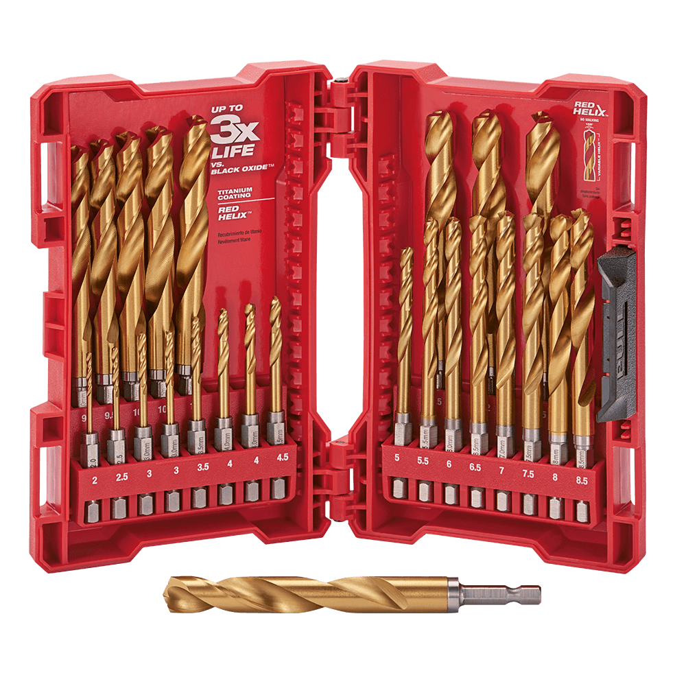 Milwaukee SHOCKWAVE™ Red Helix Titanium Drill Set 25 Pce Kit
2mm, 2.5mm, 3mm (2), 3.5mm, 4mm (2), 4.5mm, 5mm, 5.5mm, 6mm, 6.5mm, 7mm, 7.5mm, 8mm, 8.5mm, 9mm, 9.5mm, 10mm, 10.5mm, 11mm, 11.5mm, 12mm, 12.5mm, 13mm - 48894861 - Available at Power Tool Specialists, Carlton, Victoria, Australia.