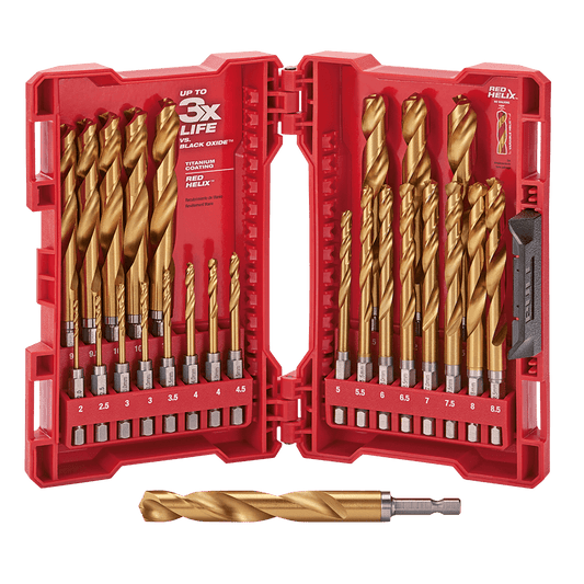 Milwaukee SHOCKWAVE™ Red Helix Titanium Drill Set 25 Pce Kit
2mm, 2.5mm, 3mm (2), 3.5mm, 4mm (2), 4.5mm, 5mm, 5.5mm, 6mm, 6.5mm, 7mm, 7.5mm, 8mm, 8.5mm, 9mm, 9.5mm, 10mm, 10.5mm, 11mm, 11.5mm, 12mm, 12.5mm, 13mm - 48894861 - Available at Power Tool Specialists, Carlton, Victoria, Australia.