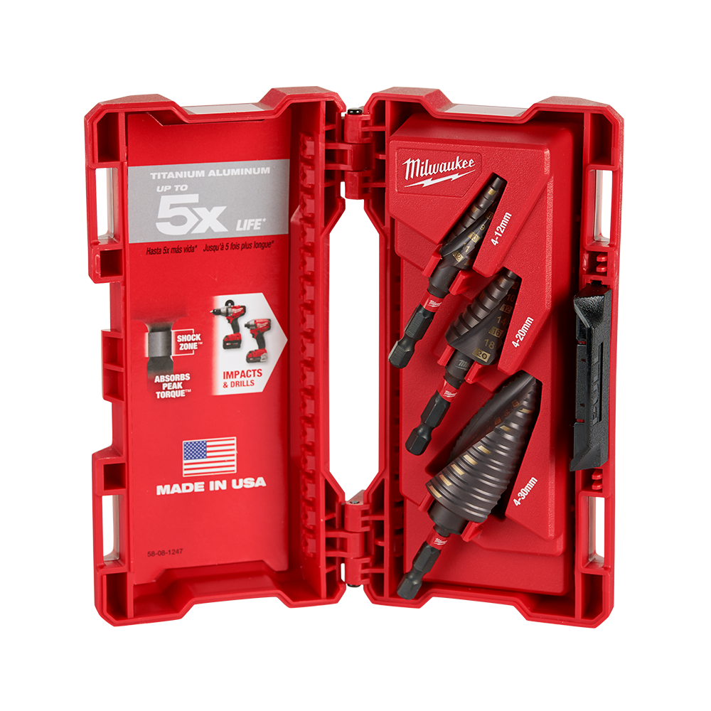 Milwaukee SHOCKWAVE™ Step Drill Set
(1) 4-12mm 9 Hole, (1) 4-20mm 9 Hole, (1) 4-30mm 12 Hole  - 48899266 - Available at Power Tool Specialists, Carlton, Victoria, Australia.