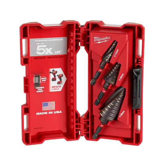 Milwaukee SHOCKWAVE™ Step Drill Set
(1) 4-12mm 9 Hole, (1) 4-20mm 9 Hole, (1) 4-30mm 12 Hole  - 48899266 - Available at Power Tool Specialists, Carlton, Victoria, Australia.