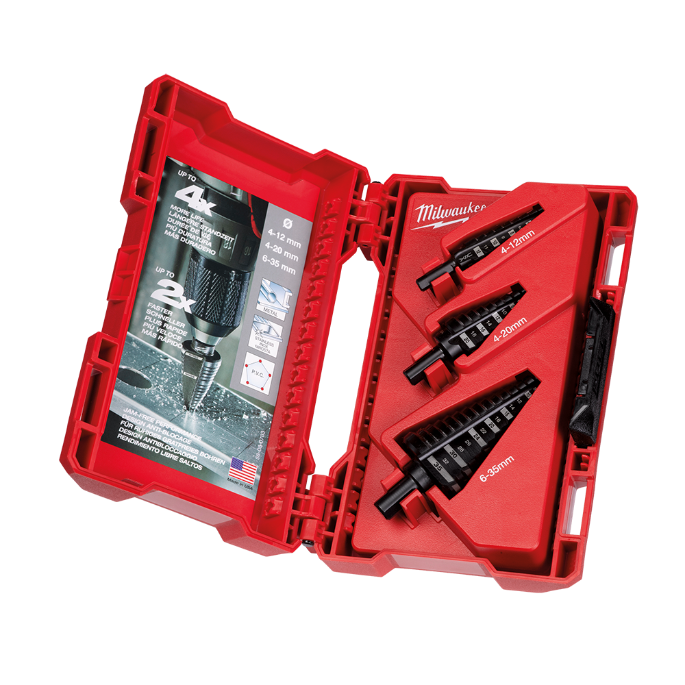 Milwaukee Jam-Free Step Drill Set
(1) 4-12mm, (1) 4-20mm, (1) 6-35mm - 48899399 - Available at Power Tool Specialists, Carlton, Victoria, Australia.