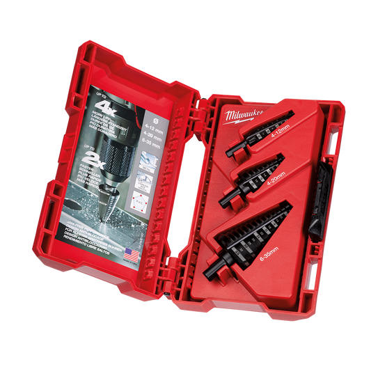 Milwaukee Jam-Free Step Drill Set
(1) 4-12mm, (1) 4-20mm, (1) 6-35mm - 48899399 - Available at Power Tool Specialists, Carlton, Victoria, Australia.
