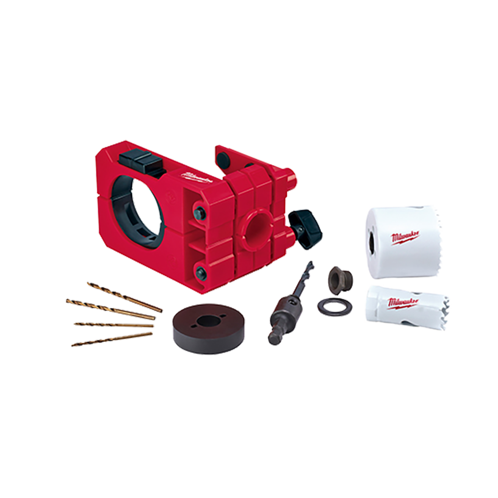 Milwaukee Door Lock Installation Kit
Door lock guide, 25mm Holesaw, 54mm Holesaw, Arbor and pilot bit assembly, 2 x 3/32 Drill bits, 2 x 1/8" Drill bits, Hole Saw Thread Adapter and Spacer, Depth Stop Insert.  - 49224073 - Available at Power Tool Specialists, Carlton, Victoria, Australia.