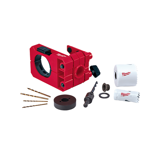 Milwaukee Door Lock Installation Kit
Door lock guide, 25mm Holesaw, 54mm Holesaw, Arbor and pilot bit assembly, 2 x 3/32 Drill bits, 2 x 1/8" Drill bits, Hole Saw Thread Adapter and Spacer, Depth Stop Insert.  - 49224073 - Available at Power Tool Specialists, Carlton, Victoria, Australia.