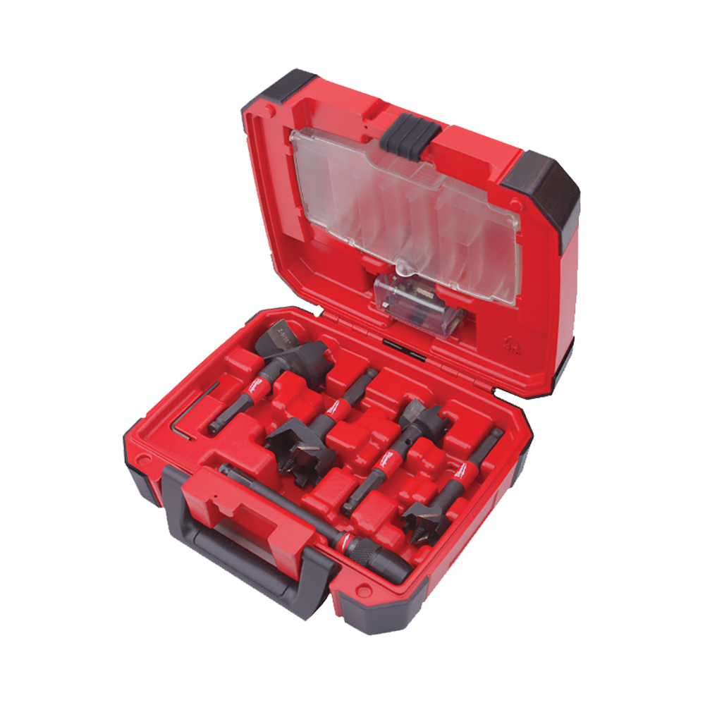 Milwaukee SwitchBlade™ Selffeed Kit - 35mm, 38mm, 54mm & 65mm, 140mm QUIK-LOK™ Extension bit, Replacement blades, 4 x Feed screws, 4 x set screws, 1 x Hex wrench - 49225100 - Available at Power Tool Specialists, Carlton, Victoria, Australia.