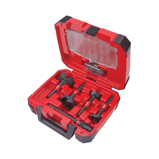 Milwaukee SwitchBlade™ Selffeed Kit - 35mm, 38mm, 54mm & 65mm, 140mm QUIK-LOK™ Extension bit, Replacement blades, 4 x Feed screws, 4 x set screws, 1 x Hex wrench - 49225100 - Available at Power Tool Specialists, Carlton, Victoria, Australia.