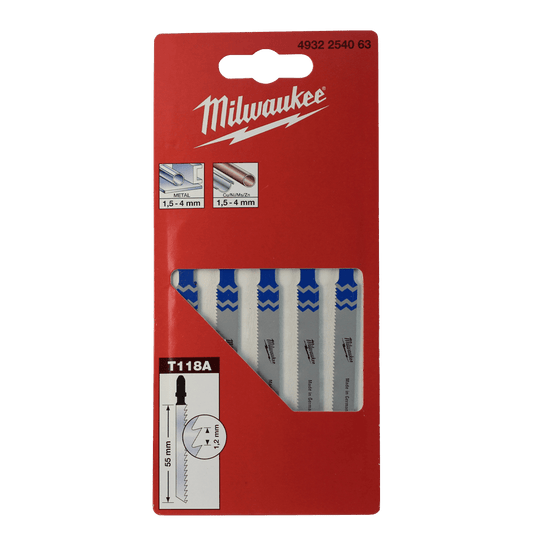 Milwaukee Metals Jigsaw Blades 55mm T118A 5Pk - 4932254063 - Available at Power Tool Specialists, Carlton, Victoria, Australia.