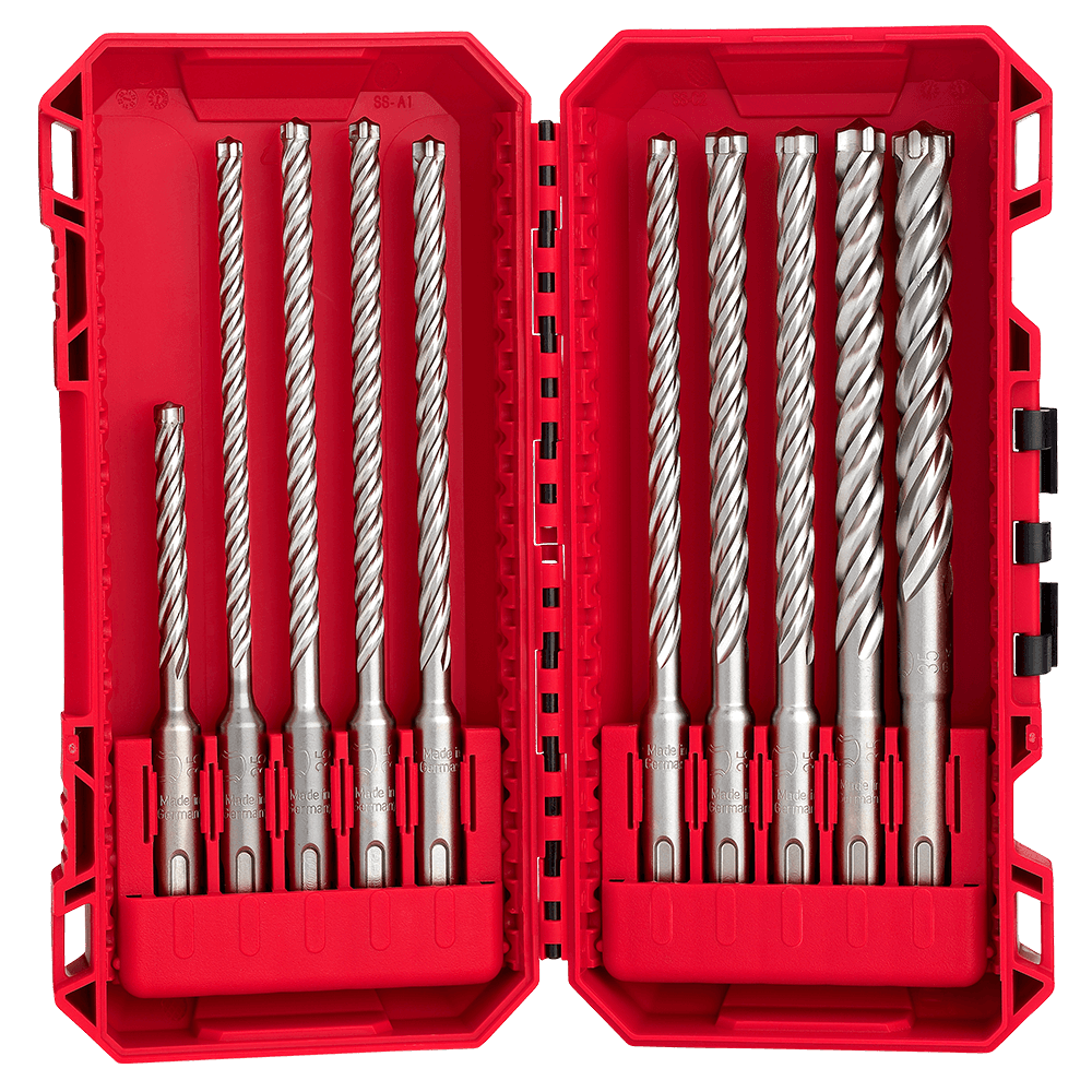 Milwaukee SDS Plus MX4 4-Cut Drill Bit 10PC Set
Ø 6 x 115 mm, Ø 5 / 6 (x2) / 6.5 (x2) / 8 (x2) / 10 / x 165mm, Ø 12 x 160mm - 49323557 - Available at Power Tool Specialists, Carlton, Victoria, Australia.