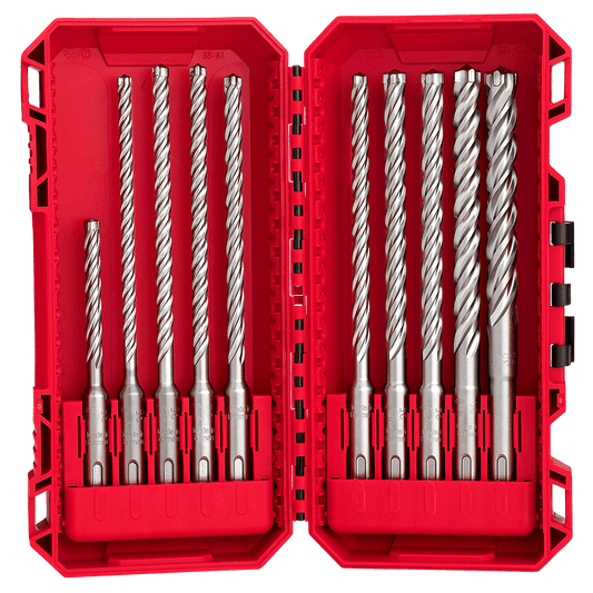 Milwaukee SDS Plus MX4 4-Cut Drill Bit 10PC Set
Ø 6 x 115 mm, Ø 5 / 6 (x2) / 6.5 (x2) / 8 (x2) / 10 / x 165mm, Ø 12 x 160mm - 49323557 - Available at Power Tool Specialists, Carlton, Victoria, Australia.