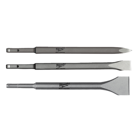 Milwaukee SDS Plus Chisel 3PC Set
(1) Point Chisel 250mm, (1) Flat Chisel 250 x 20mm, (1) Scaling Chisel 250 x 40mm - 4932430001 - Available at Power Tool Specialists, Carlton, Victoria, Australia.