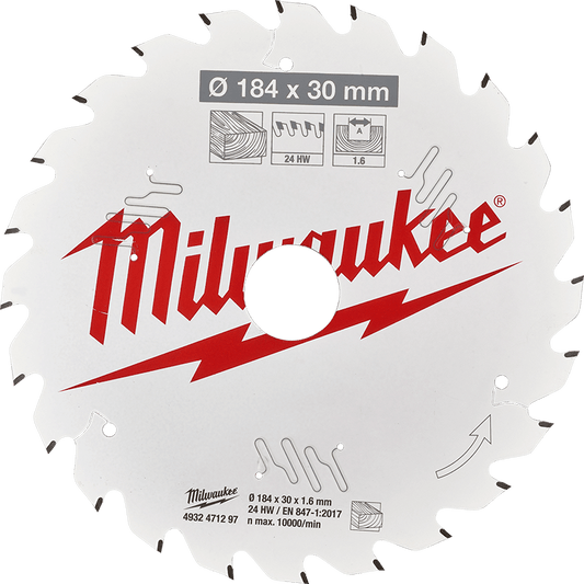 Milwaukee 7-1/4" 184mm 24T Wood Circular Saw Blade Framing, 30mm arbor - 4932471297 - Available at Power Tool Specialists, Carlton, Victoria, Australia.