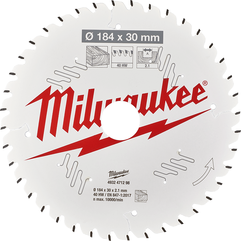 Milwaukee 7-1/4" 184mm 40T Wood Circular Saw Blade Fine Finish, 30mm arbor - 4932471298 - Available at Power Tool Specialists, Carlton, Victoria, Australia.