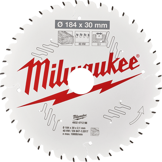 Milwaukee 7-1/4" 184mm 40T Wood Circular Saw Blade Fine Finish, 30mm arbor - 4932471298 - Available at Power Tool Specialists, Carlton, Victoria, Australia.
