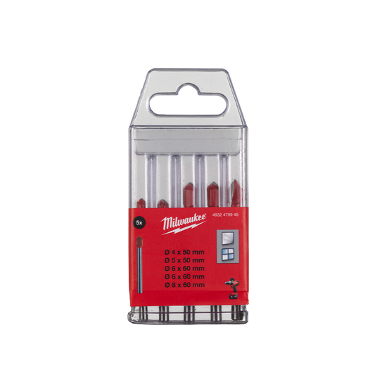 Milwaukee Glass and Tile Drill Bit 5PC Set
(1) 4mm, (1) 5mm, (2) 6mm, (1) 8mm - 4932479948 - Available at Power Tool Specialists, Carlton, Victoria, Australia.