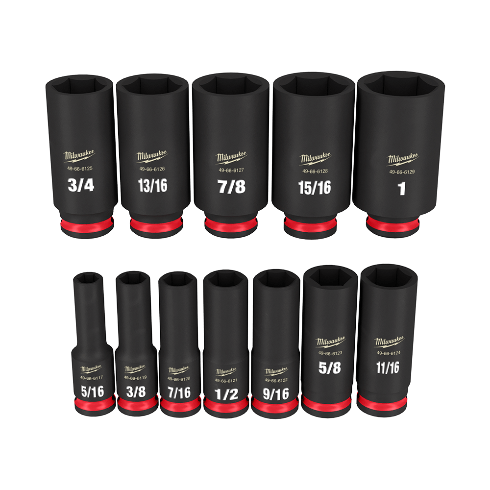 Milwaukee SHOCKWAVE™ 3/8" Drive 12PC SAE Deep 6 Point Impact Socket Set - 49667006 - Available at Power Tool Specialists, Carlton, Victoria, Australia.