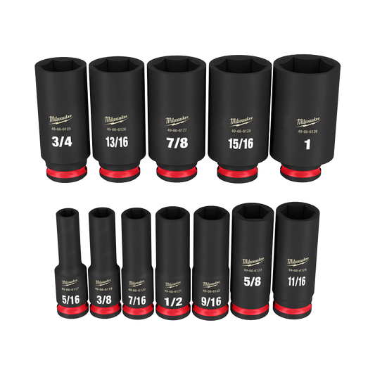Milwaukee SHOCKWAVE™ 3/8" Drive 12PC SAE Deep 6 Point Impact Socket Set - 49667006 - Available at Power Tool Specialists, Carlton, Victoria, Australia.