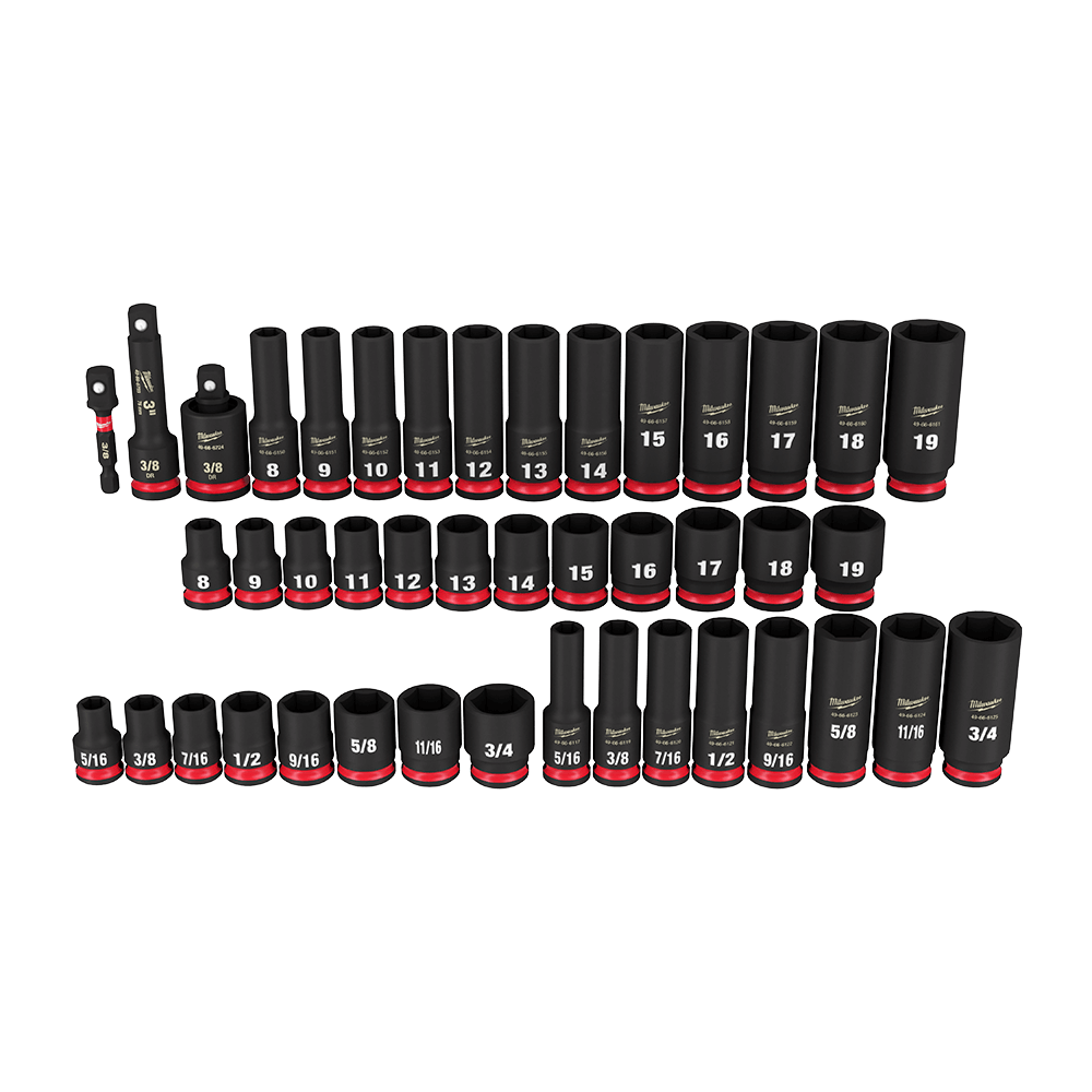 Milwaukee SHOCKWAVE™ 3/8" Drive 43PC SAE & Metric Deep 6 Point Impact Socket Set - 49667009 - Available at Power Tool Specialists, Carlton, Victoria, Australia.