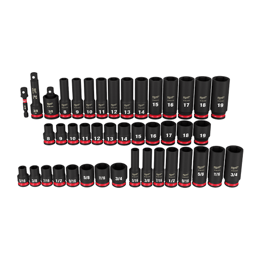 Milwaukee SHOCKWAVE™ 3/8" Drive 43PC SAE & Metric Deep 6 Point Impact Socket Set - 49667009 - Available at Power Tool Specialists, Carlton, Victoria, Australia.