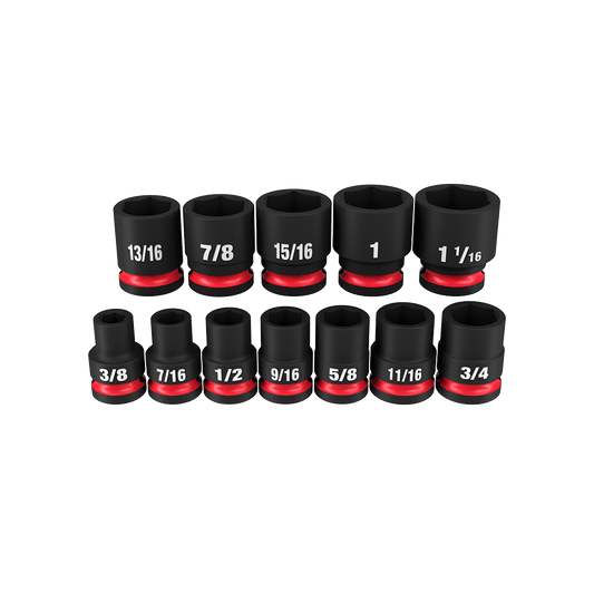 Milwaukee SHOCKWAVE™ 1/2" Drive 12PC SAE Standard 6 Point Impact Socket Set - 49667010 - Available at Power Tool Specialists, Carlton, Victoria, Australia.